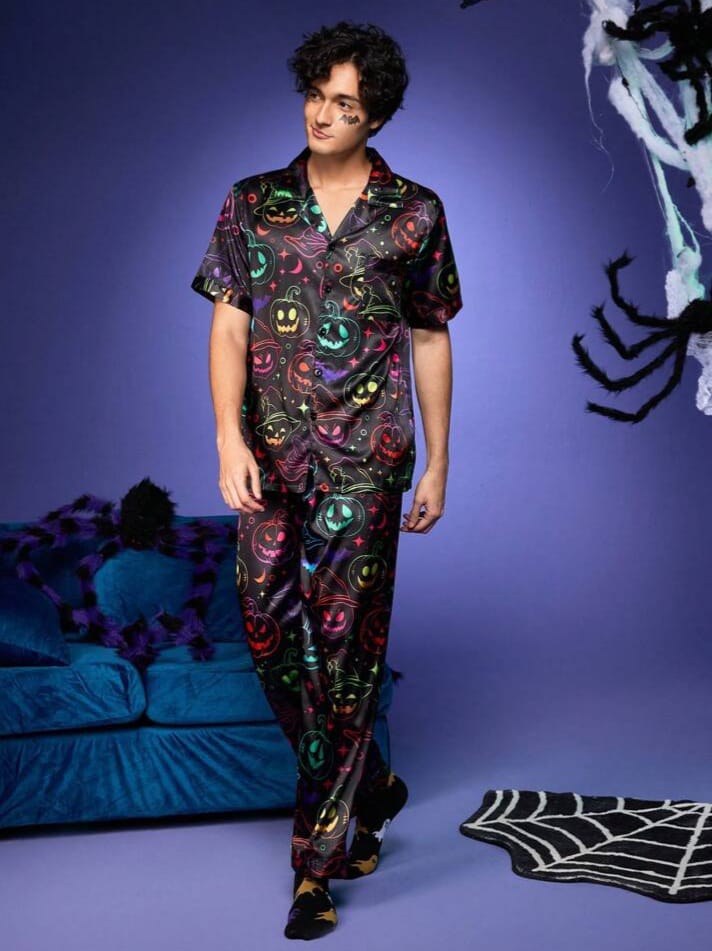 Uptown Funky Halloween Multicolour Pumpkin & Wizard Hat Graphic Poplin Sleepwear Set